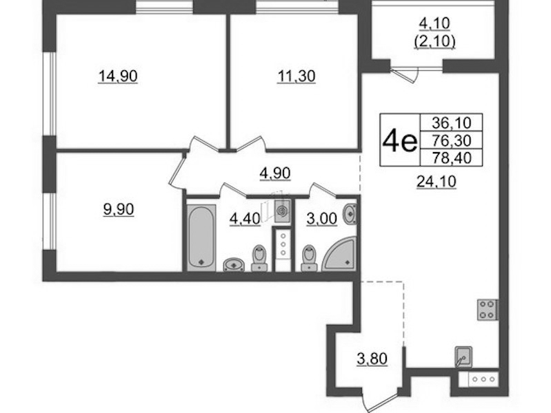 3-комнатная квартира 78.4 м², 3/9 эт., ЖК «А101 Лаголово»